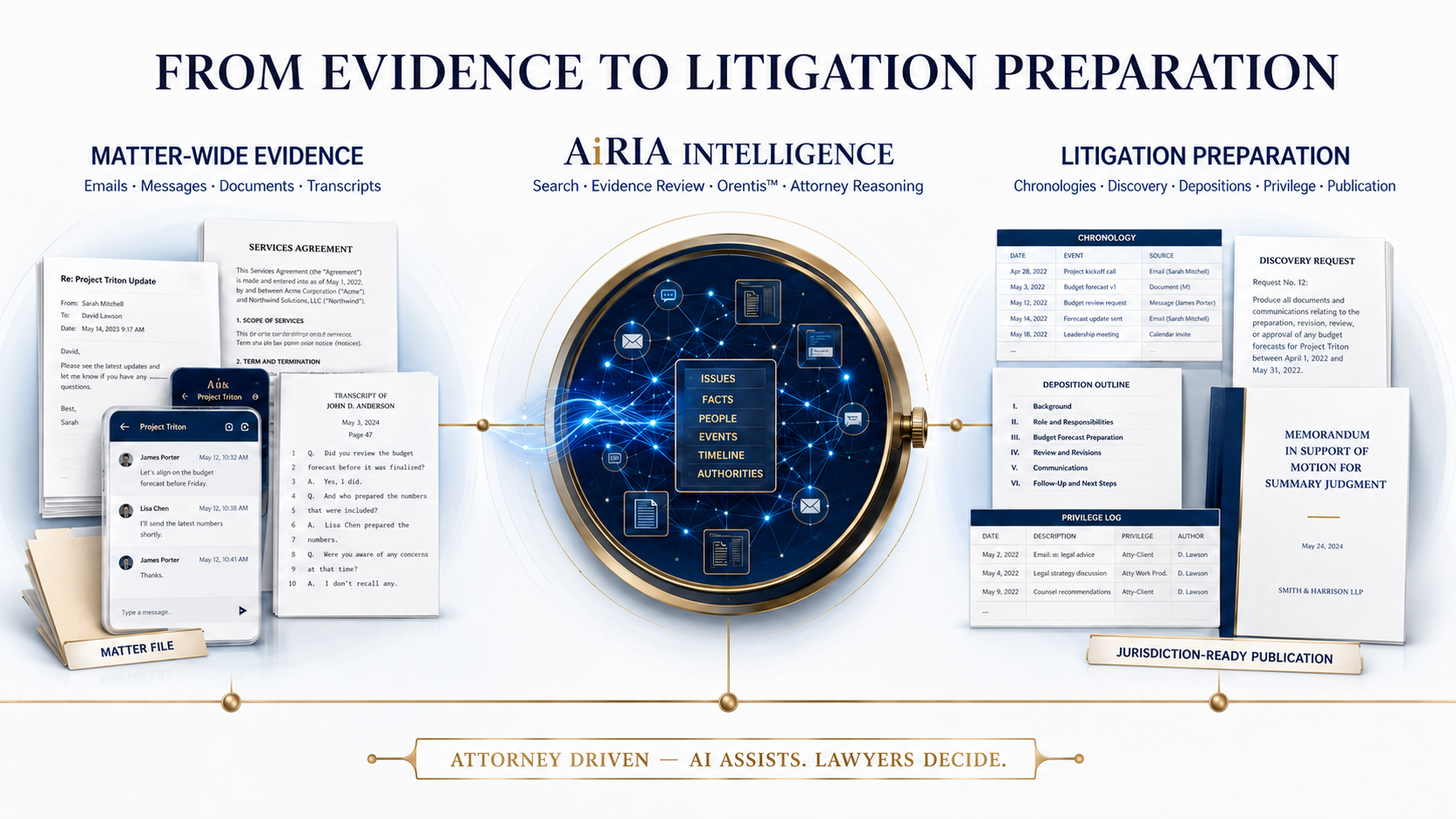 AiRIA workflow from matter-wide evidence through AiRIA intelligence to jurisdiction-ready litigation preparation, with attorneys directing every material decision